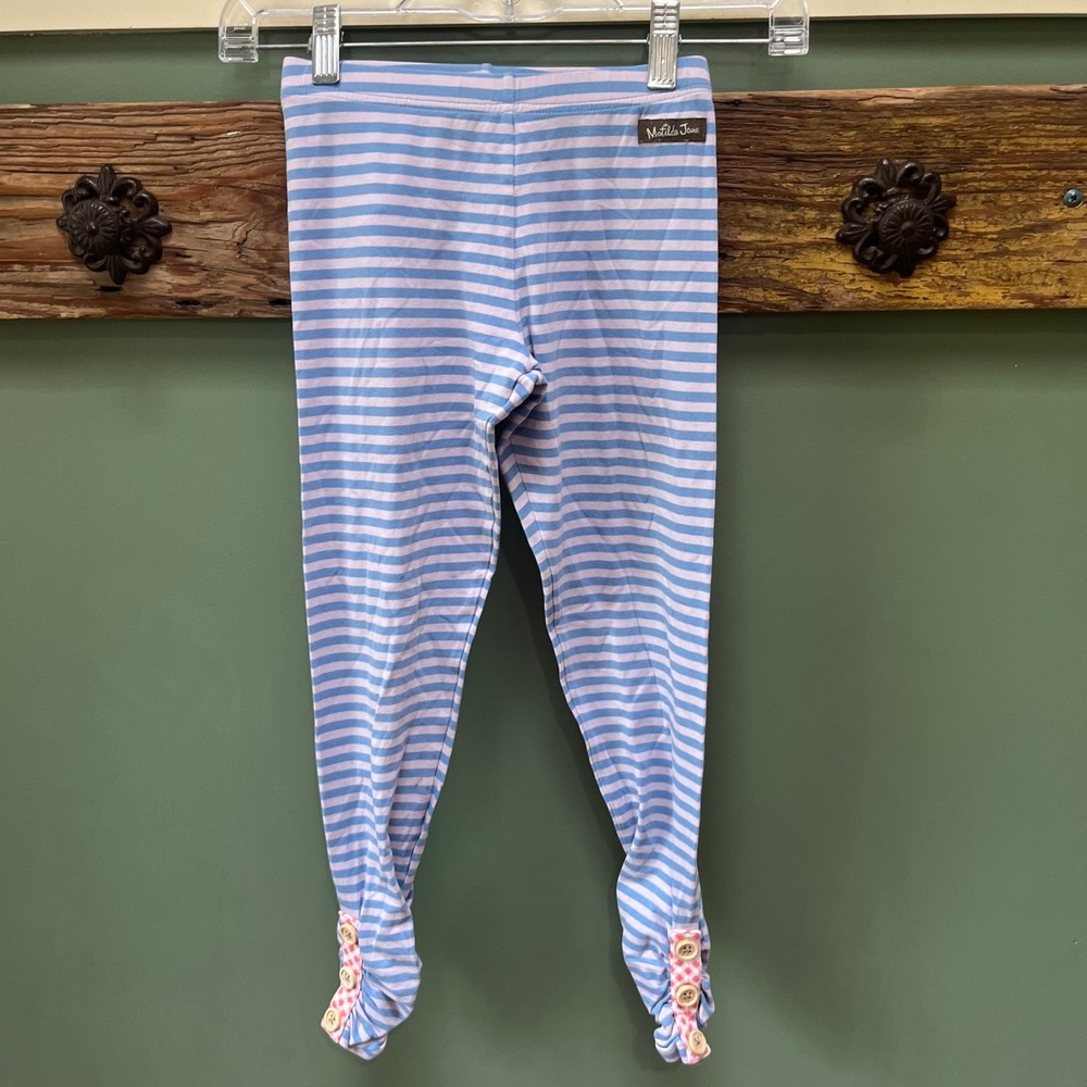 Matilda Jane Girls Blue Lavender Striped Leggings Ruffle Button Cuffs Size XS 6